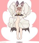  1girl animal_ears barefoot bat_ears bat_girl bat_wings brown_hair brown_long-eared_bat_(kemono_friends) cape coroha extra_ears full_body halloween halloween_costume jumping kemono_friends kemono_friends_v_project long_hair microphone navel pink_background simple_background solo virtual_youtuber wings 