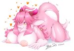  &lt;3 anthro areola big_breasts blush breasts dragon female fur hair horn nipples nude simple_background smile solo white_background white_body yus-ts 