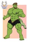  1ceberg absurd_res anthro bulge clothed clothing green_body hi_res horn humanoid looking_back male mammal mostly_nude muscular muscular_male nipples orc partially_clothed pecs solo standing transformation underwear 