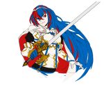  1girl alear_(female)_(fire_emblem) alear_(fire_emblem) blue_eyes blue_hair cape closed_mouth crossed_bangs fire_emblem fire_emblem_engage gloves hair_between_eyes highres holding holding_sword holding_weapon liberation_(fire_emblem) long_hair multicolored_hair red_eyes red_hair rod_langhi smile split-color_hair sword tiara two-tone_hair weapon white_background 