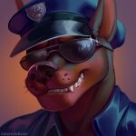  1:1 admiralobster anthro artist_name blue_clothing blue_hat blue_headwear brown_body brown_fur bust_portrait canid canine canis clothing dobermann domestic_dog eyewear fangs front_view fur glasses grin hat headgear headwear male mammal obscured_eyes pinscher portrait simple_background smile solo sunglasses teeth wearing_glasses 