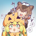  2girls bare_shoulders blonde_hair blush bow bowtie brown_gloves brown_hair capybara_(kemono_friends) capybara_ears capybara_girl closed_eyes eating gloves green_eyes hair_between_eyes jack-o&#039;-lantern_(kemono_friends) kemono_friends light_brown_hair long_hair multicolored_hair multiple_girls numazoko_namazu open_mouth orange_bow orange_bowtie pumpkin_hat short_hair sidelocks smile towel towel_on_head translation_request two-tone_hair 