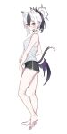  1girl absurdres alternate_costume animal_ear_fluff animal_ears bare_legs barefoot black_choker black_hair blue_archive blush breasts cat_ears cat_tail choker demon_horns demon_wings dolphin_shorts extra_ears from_side full_body halo highres horns kayoko_(blue_archive) looking_at_viewer looking_to_the_side ponytail red_eyes saboten short_shorts shorts simple_background small_breasts solo tail white_background white_hair wings 