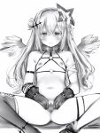  1girl absurdres amane_kanata angel_wings arm_strap armpit_crease censored collar flat_chest gloves greyscale halo highres hololive monochrome mosaic_censoring nanashi_(nlo) navel nipples o-ring one_side_up pussy single_thighhigh sitting skindentation smile solo spread_legs spread_pussy star_halo thigh_strap thighhighs virtual_youtuber wings 