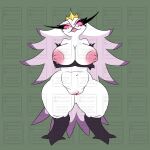  1:1 absurd_res anthro avian big_breasts bird breasts crown distracting_watermark feathers female genitals headgear helluva_boss hi_res huge_breasts muttonsauce nipples nude owl pussy solo stella_(helluva_boss) watermark 