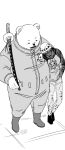  2023 anthro bear belly bepo blush bottomwear clothing dot_eyes embrace hat headgear headwear hi_res hoodie hug human human_on_anthro interspecies male mammal minkmen_(one_piece) monochrome nekokat42 one_piece overweight pants polar_bear topwear trafalgar_law ursine weapon 