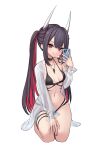  1girl azur_lane bikini black_bikini black_choker black_hair breasts cellphone choker collarbone colored_inner_hair defaultkavy demon_horns hatsuzuki_(august&#039;s_first_romance)_(azur_lane) hatsuzuki_(azur_lane) head_tilt highres holding holding_phone horns jewelry kneeling licking_lips looking_at_viewer multicolored_hair navel necklace official_alternate_costume phone red_eyes red_hair seiza simple_background sitting small_breasts smartphone solo stomach swimsuit thigh_strap tongue tongue_out twintails two-tone_hair white_background 