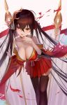  1girl absurdres ahoge azur_lane bare_shoulders black_hair black_thighhighs breasts cleavage crossed_bangs finger_to_mouth hair_between_eyes hair_ornament hands_up highres japanese_clothes kimono large_breasts long_hair long_sleeves looking_at_viewer mask mask_on_head red_eyes red_kimono red_skirt shigma simple_background skirt solo taihou_(azur_lane) thighhighs tongue tongue_out twintails white_background 