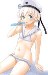  1girl bikini bikini_skirt clothes_writing collarbone cowboy_shot flat_chest frilled_bikini frills green_eyes hat kantai_collection looking_at_viewer navel official_alternate_costume one-hour_drawing_challenge ray.s sailor_bikini sailor_collar sailor_hat short_hair solo swimsuit tupet white_bikini white_hair white_headwear white_sailor_collar z1_leberecht_maass_(kancolle) 