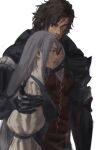  1boy 1girl beard_stubble black_hair blue_eyes blue_vest clive_rosfield final_fantasy final_fantasy_xvi gloves grey_hair highres jill_warrick long_hair scar scar_on_cheek scar_on_face shirt shy_(ribboneels) vest white_shirt 