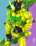  3_fingers 4:5 abs anthro armor bandai_namco bulkmon clothed clothing digimon fingers genitals gloves handwear headgear helmet hi_res iudicium86 male mask muscular nipples partially_clothed pecs penis solo thong underwear underwear_down v-cut vein veiny_penis 