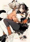  2girls animal_ears black_pants blue_eyes breasts brown_eyes brown_hair cat_ears cat_girl cat_tail cleavage dark-skinned_female dark_skin dog_ears dog_girl dog_tail highres keishin large_breasts long_hair long_sleeves looking_at_viewer multicolored_hair multiple_girls original pants shoes short_hair sleeveless sneakers tail white_footwear white_hair white_pants 