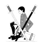  1boy boots cross crossed_swords freckles from_side full_body greyscale kaos_(kkkakao) knee_boots long_sideburns looking_at_viewer looking_to_the_side male_focus marco_bodt monochrome on_one_knee paradis_military_uniform shingeki_no_kyojin short_hair sideburns sideways_glance sitting smile solo sword three-dimensional_maneuver_gear weapon 