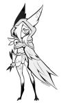  1girl animal_ears annoyed artist_name belt cape crankie ears_through_headwear full_body gloves grey_background greyscale hair_over_one_eye highres hood hood_up hooded_cape league_of_legends long_hair monochrome pants simple_background skull_ornament solo xayah 