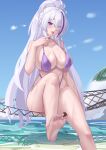  1girl absurdres azur_lane bare_shoulders barefoot between_toes bikini breasts choker collarbone commentary_request feet food foot_focus foreshortening hair_over_one_eye high_ponytail highres holding holding_food kaijiba large_breasts long_hair looking_at_viewer multicolored_hair ocean official_alternate_costume outdoors purple_bikini purple_choker purple_eyes soles solo streaked_hair swimsuit toes tongue tongue_out unzen_(azur_lane) unzen_(sojourn_through_clear_seas)_(azur_lane) very_long_hair white_hair 