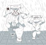  2023 anthro bear bottomwear canid canine canis clothing domestic_dog duo hi_res hon55728 kemono male mammal necktie outside overweight overweight_male pants raining shirt topwear walking 