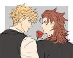  2boys black_jacket black_vest blonde_hair flower granblue_fantasy green_eyes holding holding_flower jacket looking_at_another male_focus multiple_boys official_alternate_costume percival_(granblue_fantasy) percival_(the_dragon_knights)_(granblue_fantasy) red_eyes red_flower red_hair red_rose rose shirt short_hair simple_background smile tomo_(tomorag7) vane_(granblue_fantasy) vane_(the_dragon_knights)_(granblue_fantasy) vest white_shirt yaoi 