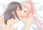  2girls ahoge bed_sheet black_hair closed_eyes collarbone commentary dot_nose hair_between_eyes hair_down hair_ornament hairclip hand_on_another&#039;s_head highres imminent_kiss incest kebakebasan long_hair multicolored_hair multiple_girls nude onii-chan_wa_oshimai! oyama_mahiro oyama_mihari parted_lips pink_hair ponytail purple_hair siblings sisters two-tone_hair under_covers yuri 