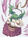  1girl bucket green_eyes green_hair hair_bobbles hair_ornament highres in_bucket in_container kisume open_mouth reaching reaching_towards_viewer rope short_hair skull smile solo strange_creators_of_outer_world suichuu_hanabi touhou twintails wooden_bucket 