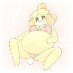  1:1 absurd_res animal_crossing anthro belly big_belly big_breasts blonde_hair bra breasts canid canine canis cleavage clothed clothing domestic_dog female fur hair hi_res isabelle_(animal_crossing) mammal navel nintendo panties pompuffy_(artist) shih_tzu solo tail thick_thighs toy_dog underwear yellow_body yellow_fur 