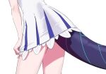  1girl ass ass_focus blue_archive clothes_lift clutching_clothes commentary_request dress highres mitsutsuka momoka_(blue_archive) panties panty_peek short_dress simple_background solo tail underwear white_background white_dress white_panties 