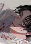  1boy black_hair blood blood_on_clothes blood_on_face blue_eyes facing_away grey_background highres jujutsu_kaisen licking_lips llilililiilii male_focus okkotsu_yuuta portrait shirt short_hair simple_background solo sweatdrop tongue tongue_out white_shirt 