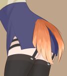  1girl absurdres arknights ass ass_focus bird_tail black_thighhighs blue_skirt brown_background garter_straps highres llewellyn_blue orange_tail pinecone pinecone_(arknights) simple_background skirt solo tail thighhighs thighs 