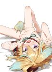  1girl ahoge animal_ears barefoot between_legs blonde_hair blush breasts completely_nude dog_ears dog_tail fang fangs hair_ornament hairclip highres indie_virtual_youtuber long_hair looking_at_viewer lying muchi_maro multicolored_hair navel nipples nude on_back open_mouth paw_pose purple_eyes shinsougumi shitagai_nora skin_fangs soles solo spread_legs sweat tail tail_between_legs tail_censor virtual_youtuber 