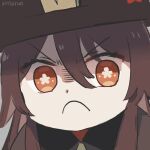  1girl angry brown_hair brown_headwear close-up flower-shaped_pupils frown genshin_impact hair_between_eyes hair_flaps hat hu_tao_(genshin_impact) looking_to_the_side porkpie_hat red_eyes sidelocks solo symbol-shaped_pupils talisman v-shaped_eyebrows xinzoruo 