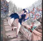  anthro arm_support biped black_pawpads blue_body blue_fur blue_highlights breasts bridge butt canid canine collaboration detailed_background digital_media_(artwork) female flower folded_ears fur hair highlights_(coloring) hindpaw jeffusherb long_hair looking_at_viewer mammal markings nude nude_outside outside pawpads paws plant shaded solo tail tree vtza water white_body white_fur white_hair 