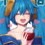  1girl :d bare_shoulders blue_hair bottle collarbone dress facing_viewer hair_between_eyes hair_ornament happy heart holding holding_bottle league_of_legends lowres off-shoulder_dress off_shoulder potion sangchyuya shiny_skin smile solo sona_(league_of_legends) teeth twintails upper_teeth_only 