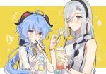  2girls :t bell black_hair black_hairband blue_eyes blue_hair breasts cup disposable_cup drinking_straw earrings floral_print flower flying_sweatdrops ganyu_(genshin_impact) ganyu_(heytea)_(genshin_impact) genshin_impact grey_hair hair_over_one_eye hairband highres holding holding_cup holding_flower horns jewelry long_hair multicolored_hair multiple_girls neck_bell purple_eyes shenhe_(genshin_impact) shenhe_(heytea)_(genshin_impact) shimianaya simple_background whipped_cream white_flower 