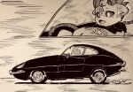  1other absurdres car colored_sclera commentary_request datsan debidebi_debiru demon demon_horns driving facial_mark forehead_mark highres horns marker_(medium) monochrome motor_vehicle nijisanji other_focus solo speed_lines steering_wheel traditional_media virtual_youtuber 