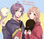  2girls ahoge asakura_toru baseball_cap black_hoodie blush fanny_pack fila happy_birthday hat holding holding_clothes holding_hat hood hoodie idolmaster idolmaster_shiny_colors looking_at_viewer multiple_girls otakunocamp red_hoodie sakuragi_mano smile upper_body 