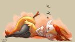  1girl :3 absurdres animal_ear_fluff animal_ears animal_feet animal_nose artist_name black_fur blush body_fur braixen closed_eyes commentary_request drooling flat_chest fox_ears fox_girl fox_tail full_body fur_collar furry furry_female highres legs legs_together lying multicolored_fur navel on_side open_mouth pepper_gecko72 pokemon pokemon_(creature) saliva shiny_skin signature sleeping smile solo stick stomach tail thighs tongue u_u white_fur wide_hips yellow_fur zzz 