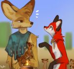  2023 anthro blurred_background canid canine digital_media_(artwork) dipstick_ears eye_contact feral fox fur group hi_res hyilpi looking_at_another mammal microsoft minecraft mojang multicolored_ears red_body red_fur signature tan_body tan_fur vixy_(hyilpi) white_body white_fur xbox_game_studios yellow_body yellow_fur 