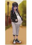  absurdres bike_shorts blurry blurry_background dress full_body garylin hand_on_own_stomach hat highres hoshino_ai_(oshi_no_ko) jacket long_dress long_sleeves looking_at_viewer mother&#039;s_day oshi_no_ko pregnant purple_eyes purple_hair shoes solo standing star-shaped_pupils star_(symbol) symbol-shaped_pupils 