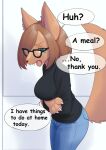  2023 anthro big_breasts breasts canid canine canis clothed clothing cute_fangs dialogue digital_media_(artwork) domestic_dog english_text eyewear fangs female female_anthro fur glasses hair kemono looking_at_viewer mammal solo speech_bubble tail talking_to_viewer teeth text unousaya 