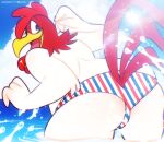  absurd_res anthro avian beak bird blue_eyes brown_body brown_feathers butt chicken clothing feathers foghorn_leghorn galliform gallus_(genus) hi_res imotaco looking_back looney_tunes male partially_submerged pattern_clothing phasianid solo speedo striped_clothing stripes swimwear warner_brothers water white_body white_feathers 