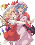  !? 2girls annoyed ascot bat_wings blonde_hair blue_hair bright_pupils crystal_wings dress fangs flandre_scarlet hand_on_another&#039;s_hip happy hat highres holding_hands mob_cap multiple_girls open_mouth pink_dress pink_headwear pointy_ears profile red_ascot red_eyes red_skirt red_vest remilia_scarlet short_hair siblings sisters skirt skirt_set touhou vest white_headwear white_pupils wings wrist_cuffs yellow_ascot yet_you 