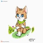  1:1 anthro bent_legs cute_expression cute_eyes domestic_cat felid feline felis female flower grass hi_res kerchief legs_together mammal plant shy smile solo text url yordraw 