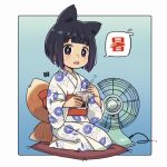  1girl animal_ears black_hair blush commentary cup cushion drinking_glass electric_fan floral_print fox_ears fox_girl fox_tail full_body holding holding_cup holding_spoon japanese_clothes kimono kitsune kukuri_(mawaru) long_sleeves looking_at_viewer mawaru_(mawaru) motion_blur obi open_mouth original print_kimono purple_eyes sash seiza short_hair sitting solo spoon sweat tail translation_request white_kimono wide_sleeves zabuton 