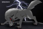  animal_genitalia balls canid canine canis death_(puss_in_boots) electricity feral fully_sheathed genitals grin hi_res lightning looking_at_viewer male mammal puss_in_boots_(film) puss_in_boots_the_last_wish raised_tail red_eyes sheath smile solo tail vancanto wolf 