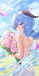  1girl absurdres ahoge amaneko_(amaneko_y) back bare_shoulders blue_hair blue_sky blush cloud dress flower from_behind ganyu_(genshin_impact) genshin_impact highres holding holding_flower horns long_hair looking_at_viewer looking_back low_ponytail parted_lips petals pink_flower purple_eyes sidelocks signature sky solo upper_body white_dress wind 