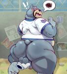  2023 absurd_res animal_crossing anthro balls band-aid bandage bear belly big_butt blush butt clothing curt_(animal_crossing) debudraws detailed_background genitals grey_body hi_res humanoid_hands male mammal nintendo overweight overweight_male penis shirt solo_focus topwear 