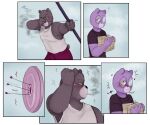  2023 anthro arrow_(weapon) bear blush bodily_fluids bottomwear bow_(weapon) brown_body clothing comic eyewear glasses hi_res mammal padre_(unicorn_wars) pants purple_body ranged_weapon sargento_caricias shirt smoking sweat topwear unicorn_wars weapon zadscat 