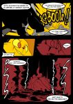  2023 absurd_res anthro comic dialogue digital_media_(artwork) english_text explosion felid fur hi_res machine mammal mecha pantherine parfait_(plaga) plaga purple_eyes text tiger yellow_body yellow_fur 