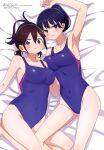  2girls absurdres armpits black_hair boku_no_kokoro_no_yabai_yatsu breast_press breasts brown_hair competition_swimsuit covered_navel highres large_breasts long_hair looking_at_viewer magazine_scan megami_magazine mole mole_on_neck mole_on_thigh multiple_girls official_art one-piece_swimsuit plump ponytail scan short_twintails swimsuit thighs twintails yamada_anna 