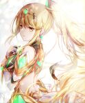  1girl alternate_hairstyle back backless_outfit bare_shoulders blonde_hair breasts butt_crack commentary_request detached_sleeves dress earrings elbow_gloves floating_hair gloves gold_trim headband highres jewelry long_hair looking_at_viewer medium_breasts mythra_(xenoblade) ponytail sidelocks simple_background solo ui_frara very_long_hair white_background white_dress white_gloves xenoblade_chronicles_(series) xenoblade_chronicles_2 yellow_eyes 