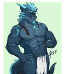  abs anthro biceps blue_body blue_fur blue_hair chest_tuft claws covering covering_self dragon facial_hair fingers fredrik fur hair hi_res horn lofnirv looking_at_viewer male muscular muscular_anthro muscular_male necktie nude pecs scales scalie simple_background smile solo standing tail tuft 